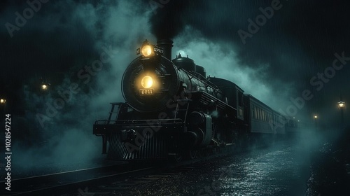 Locomotive, old steam train at night 