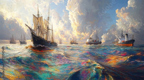 A fleet of ships sailing on a vast, colorful ocean under a cloudy sky