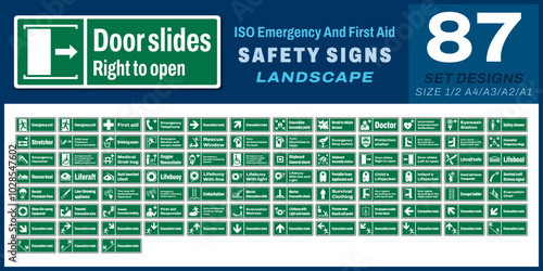 87 set iso emergency and first aid safety signs v33_door slides right to open_landscape size 1/2 a4,a3,a2,a1
