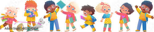 Collection of children multiracial characters reading books and cheering. Character design for children. Kids education and learning character design. Isolated vector set for school and kindergarten.