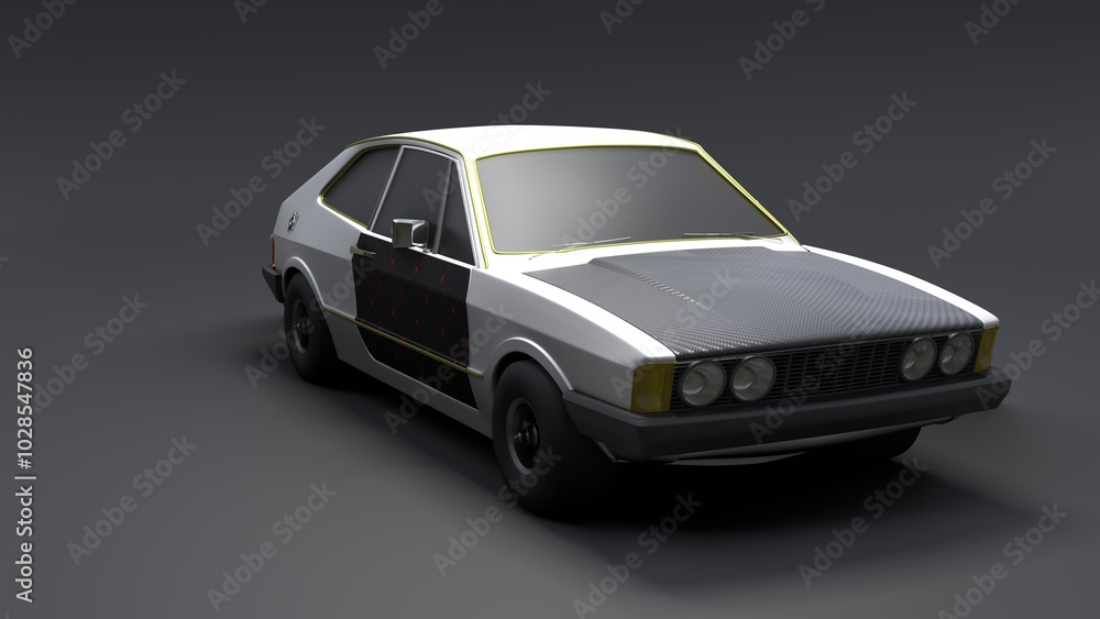 Fototapeta premium Cool looking old fashion car, front view studio render on black background. Bright modern car design. 3d illustration.