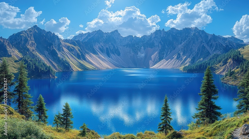 Blue lake surrounded by mountains, sky reflected on water, with pine trees around, , Blue lake surrounded by mountains, sky reflected on water, with pine trees around, ,