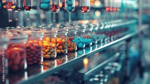 Laboratory Scene with Colorful Pills and Vials