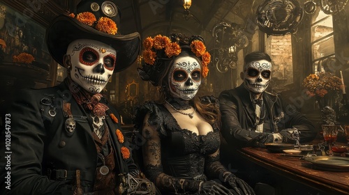 Group of people dressed in traditional Day of the Dead costumes with sugar skull makeup in a dimly lit cafe setting.