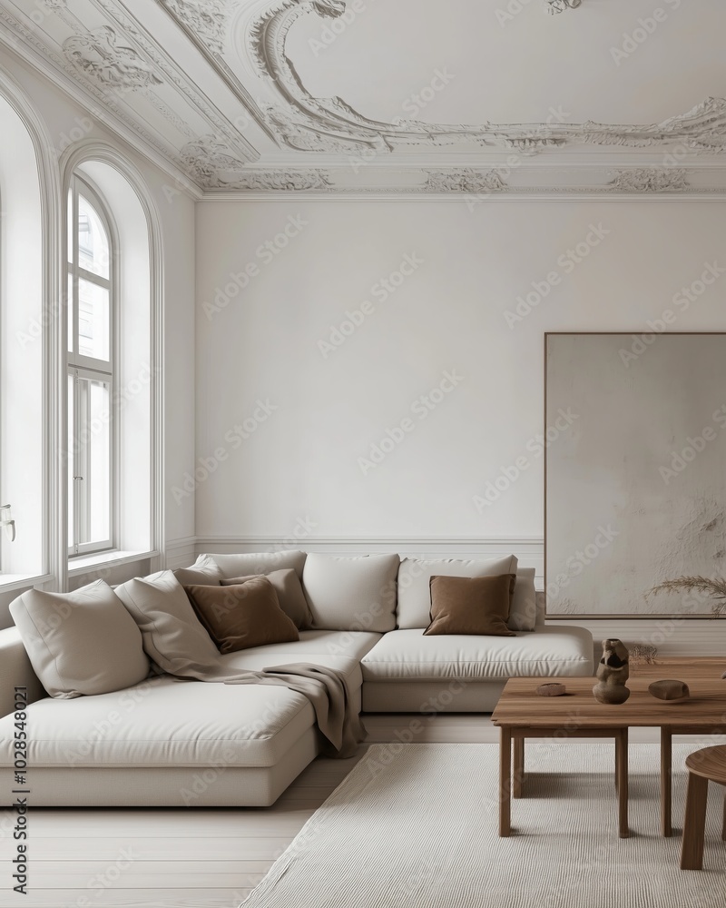 Fototapeta premium Elegant Living Room with Ornate Ceiling, Neutral Tones, and Modern Furniture, Ideal for Classic Interior Design, Luxury Home Decor, and Architectural Inspiration