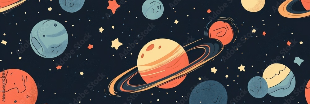 Celestial Harmony, a vibrant flat illustration pattern featuring planets, moons, and stars creating a whimsical night sky atmosphere Celestial Harmony, a vibrant flat illustration pattern featuring planets, moons, and stars creating a whimsical night sky atmosphere