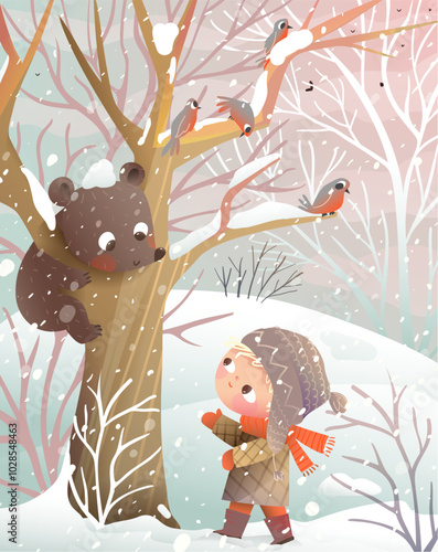 Winter forest Christmas scenery. Little girl meets baby bear on a tree. Winter woods fairy tale for children New Year story or greeting card. Seasonal illustration design for kids. Vector cartoon.
