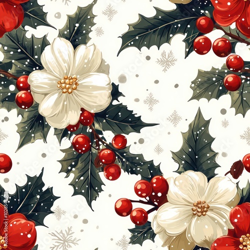Seamless beautiful christmas decorative pattern with floral elements