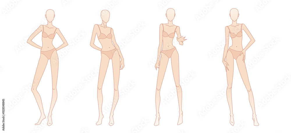 Female fashion figure templates. Full-length standing different poses front, side, and back views woman body fashion design. Technical drawing shape. Vector sketch line printable illustration