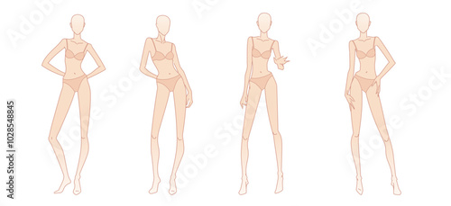 Female fashion figure templates. Full-length standing different poses front, side, and back views woman body fashion design. Technical drawing shape. Vector sketch line printable illustration