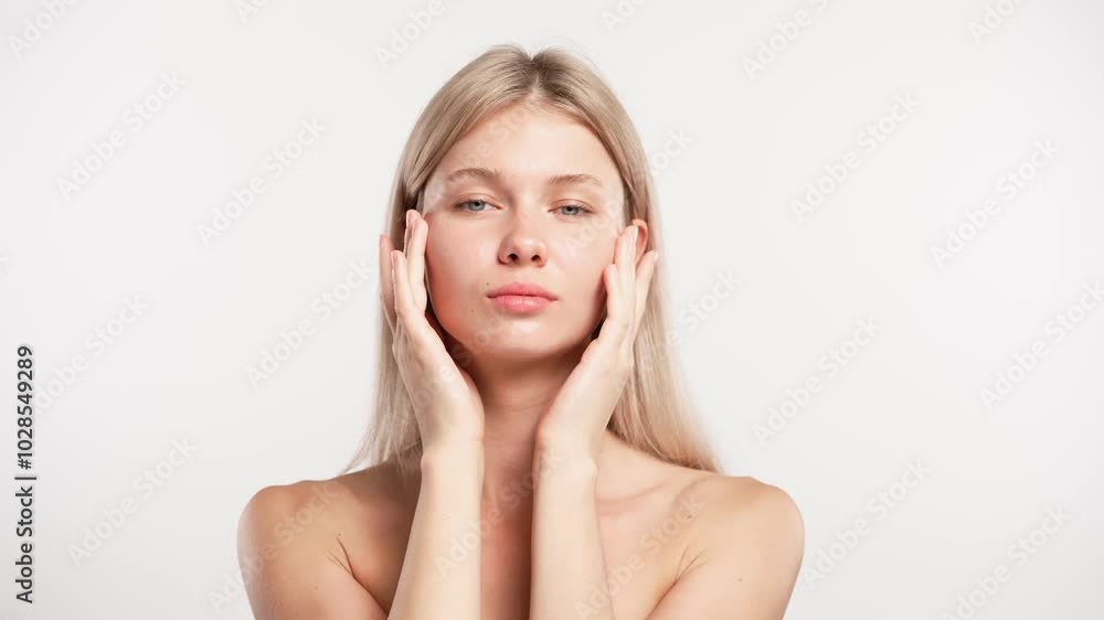 Young blonde woman posing at camera touching smooth face skin with fingers, isolated on white studio background. Beauty skin care concept Young blonde woman posing at camera touching smooth face skin with fingers, isolated on white studio background. Beauty skin care concept