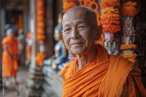 Elderly Buddhist monk with serene expression in temple photo