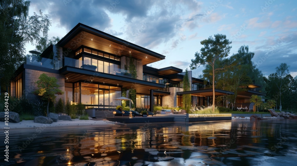3d rendering of modern house by the river at morning, house, luxury, villa, modern, architecture, building, exterior, residential, property, designer 3d rendering of modern house by the river at morning, house, luxury, villa, modern, architecture, building, exterior, residential, property, designer