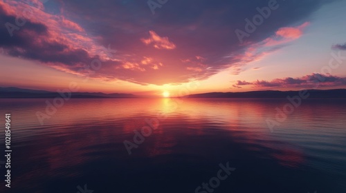 A sunset over a calm lake, with the sky painted in vibrant shades of orange, pink, and purple, reflecting perfectly on the water