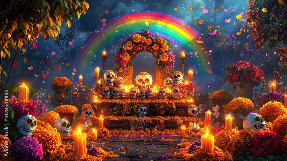 Obraz premium Vibrant Day of the Dead altar with colorful marigolds, candles, sugar skulls, and a rainbow at night. Celebration of life and death.