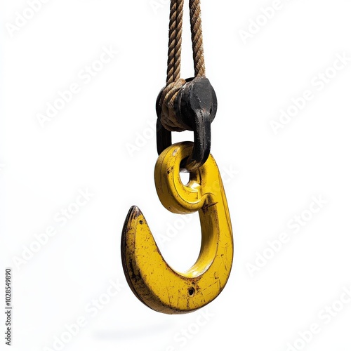 Crane Hook. Yellow Modern Hook Hanging on Ropes Isolated on White Background photo