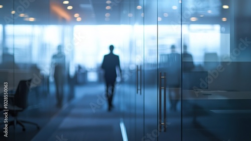 A softly blurred office interior featuring a sleek glass wall, with silhouettes of focused employees working diligently behind it, creating a modern and professional atmosphere.