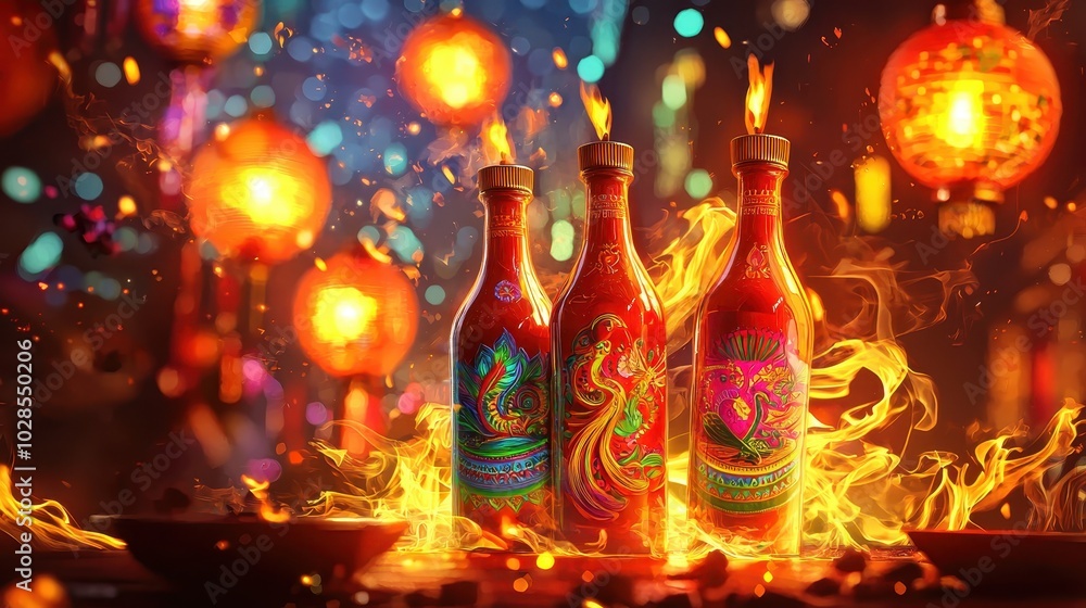 Vibrant fiery scene with Chinese lanterns and three colorful bottles creating a festive and lively atmosphere. Perfect for celebratory themes. Vibrant fiery scene with Chinese lanterns and three colorful bottles creating a festive and lively atmosphere. Perfect for celebratory themes.