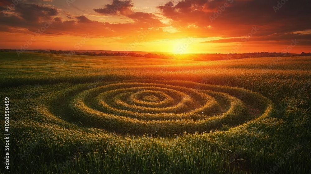 Crop Circle at Sunset. Aerial Landscape of Sky and Agriculture Field Crop Circle at Sunset. Aerial Landscape of Sky and Agriculture Field