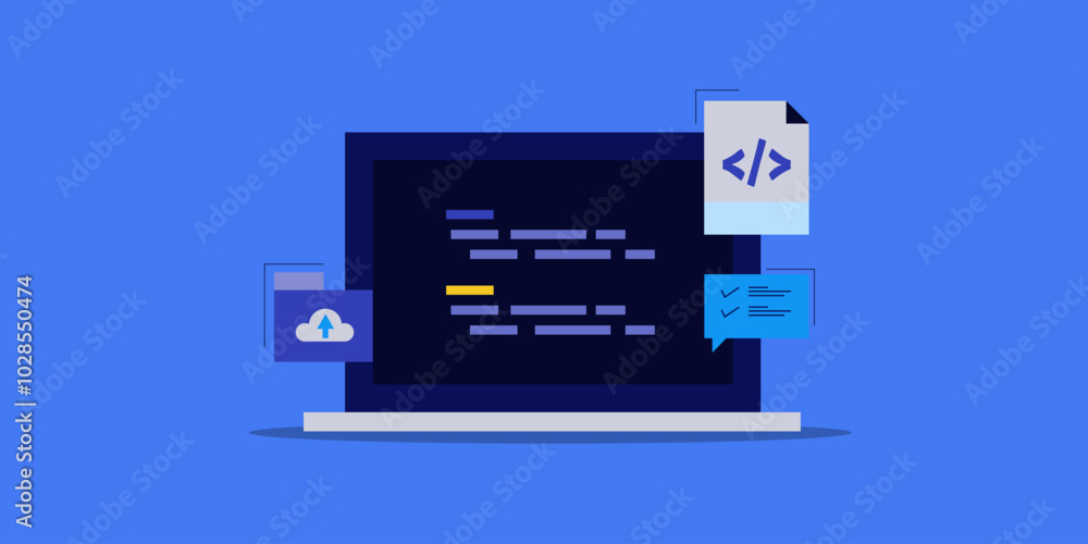 Software program development, generating coding script and algorithm, website creation with cloud technology vector illustration concept. Software program development, generating coding script and algorithm, website creation with cloud technology vector illustration concept.