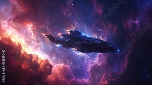 Futuristic Spaceship Flying Through a Colorful Nebula