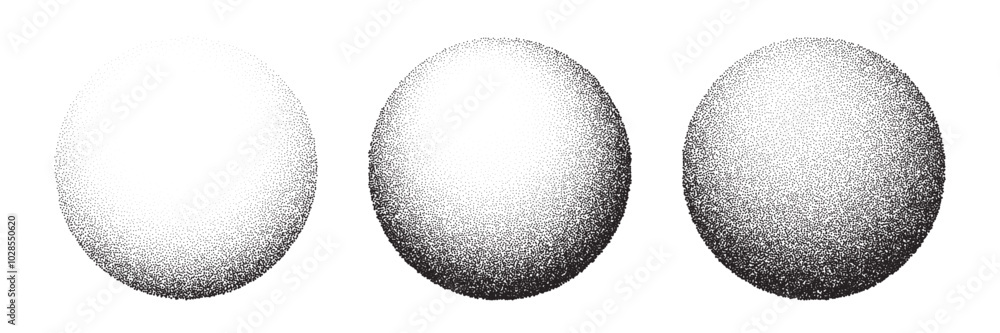 Dot grain texture circles vector set. Abstract black spheres with gradient stipple pattern, globes with gradation to fade of monochrome grainy dots or noise dust on white background. Dot grain texture circles vector set. Abstract black spheres with gradient stipple pattern, globes with gradation to fade of monochrome grainy dots or noise dust on white background.