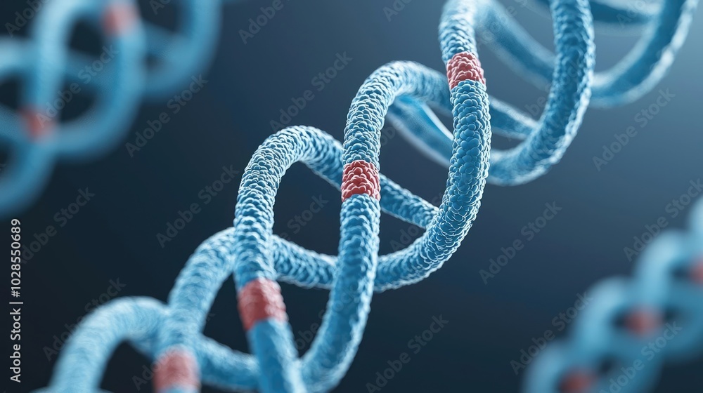 3D illustration of DNA strands with blue and red highlights on a dark background. 3D illustration of DNA strands with blue and red highlights on a dark background.
