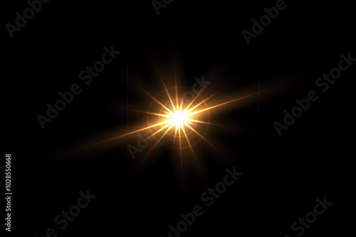 Shine light with flash effect. Golden glow star glared on black background. Bright sparkling vector illustration. Flash of light with ray beams in space. Abstract sunshine sparkle glare.