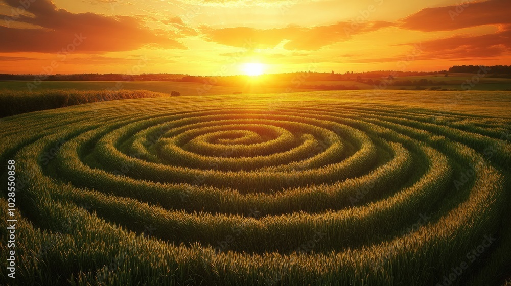 Crop Circle Sunset in Beautiful Landscape with Sky and Clouds Crop Circle Sunset in Beautiful Landscape with Sky and Clouds