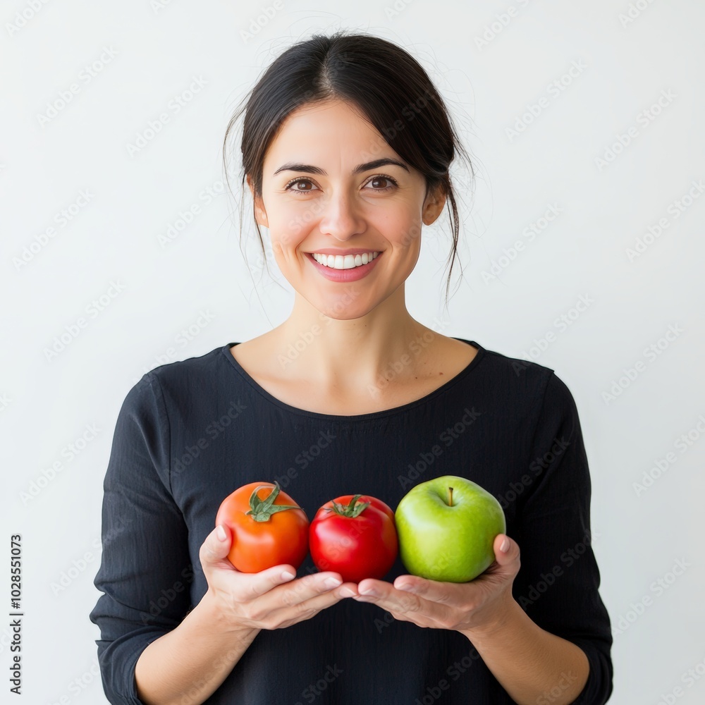 Woman Holding Fresh Tomatoes in a Studio Setting Woman Holding Fresh Tomatoes in a Studio Setting