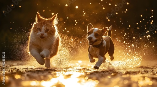Dog and cat on the beach, running playing together, sunset tropical ocean summer day background. Cute puppy and kitten friendship, creative funny animal pet character holiday maker modern digital art