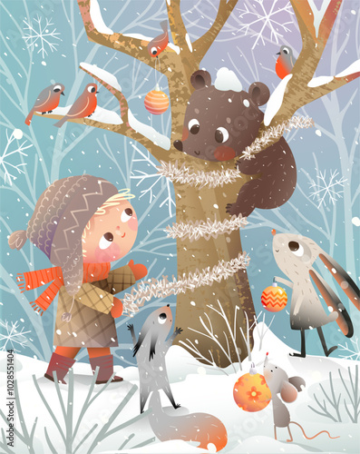 Winter forest Christmas scenery with animals and a child decorating a tree. Bear on tree rabbits and squirrels in winter woods fairy tale. Seasonal greeting card design for kids. Vector illustration.