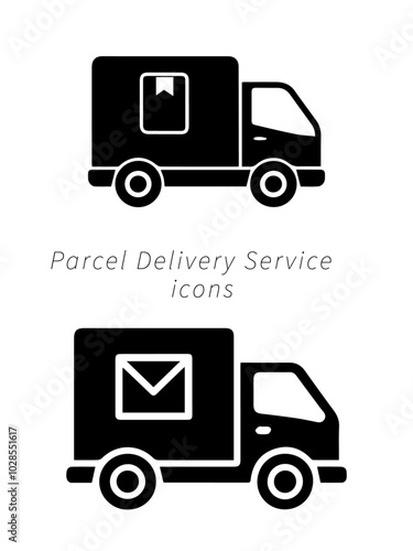 Parcel delivery service truck icons set isolated on white background.