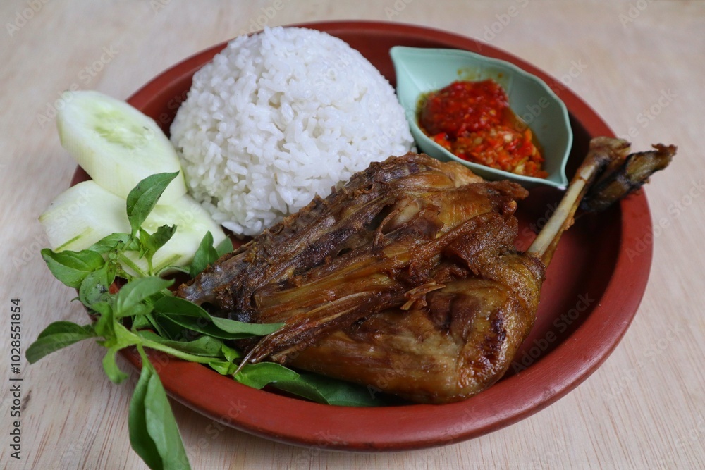 Penyet ayam or fried chicken in Indonesia is the name of a typical Javanese food consisting of fried chicken and chili sauce.