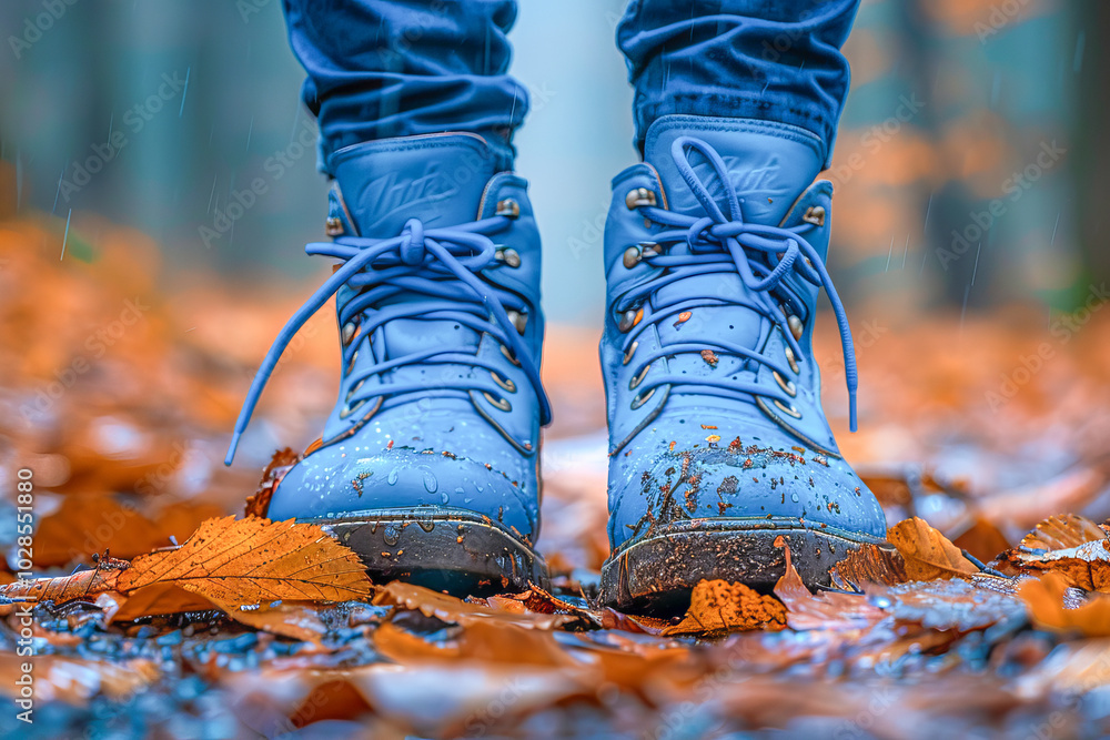 Hiker wearing blue boots standing on wet autumn leaves Hiker wearing blue boots standing on wet autumn leaves
