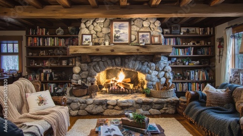 A charming rustic living space featuring a stone fireplace with a wooden beam mantel