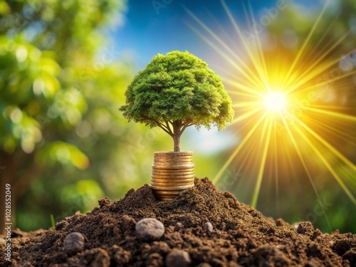 money growht in soil and tree concept , business success finance with sunshine in nature.