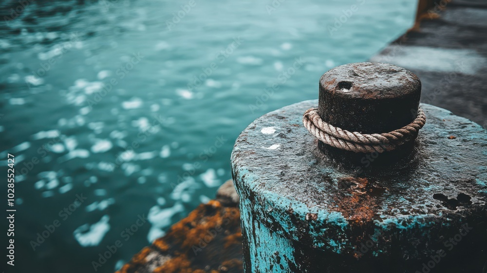 A picturesque mooring bollard with a rope and a knot against a serene water backdrop, capturing nautical charm A picturesque mooring bollard with a rope and a knot against a serene water backdrop, capturing nautical charm
