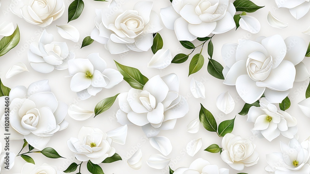 A beautiful pattern of white roses with green leaves, perfect for backgrounds, textiles, and various design projects. A beautiful pattern of white roses with green leaves, perfect for backgrounds, textiles, and various design projects.