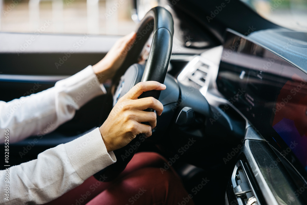 Close-up of a person's hands holding the steering wheel of an electric car, showcasing modern technology and eco-friendly automotive design. Close-up of a person's hands holding the steering wheel of an electric car, showcasing modern technology and eco-friendly automotive design.