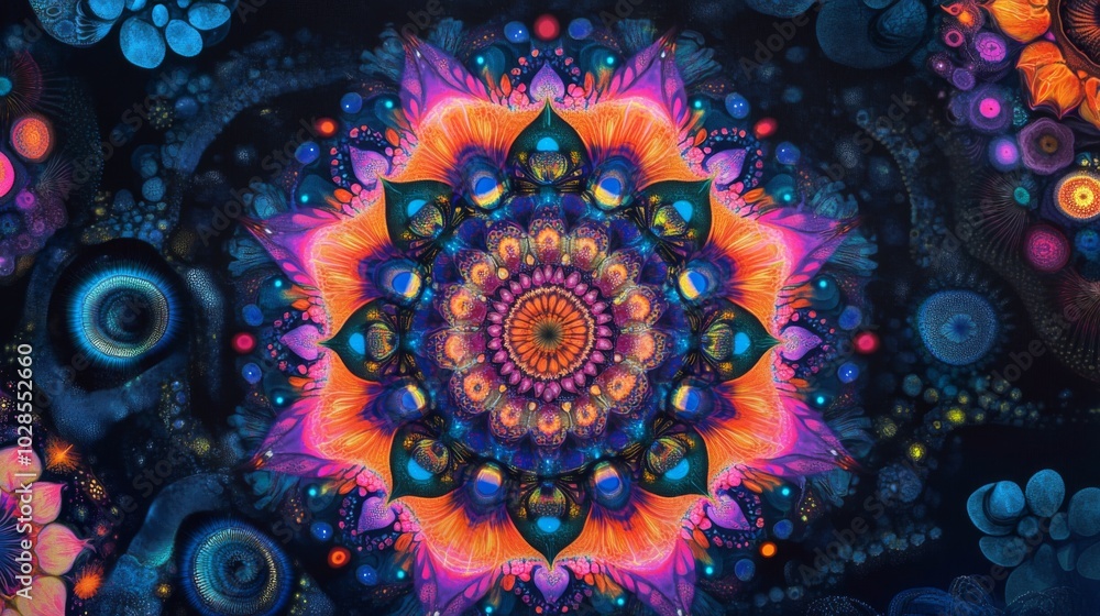 Fototapeta premium Vibrant Psychedelic Mandala with Lions Mane Mycelium Microscope View