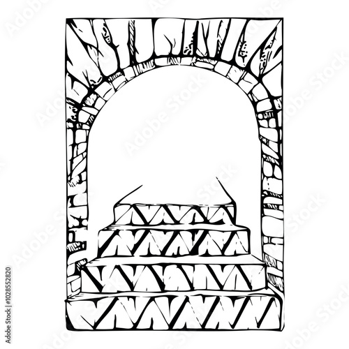 Patio garden arch opening portal with geometric azulejo wall tiles and stairs steps, architectural interior mosaic. Hand drawn ink vector illustration. Isolated single element. Travel, home yard decor