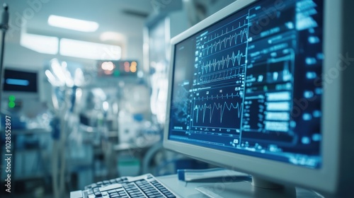 Close-up of Medical Monitor Displaying Heartbeat Data in Hospital Room