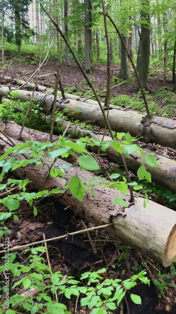 Filed cut trees in a forest, deforestation in the woodlands, vertical video Filed cut trees in a forest, deforestation in the woodlands, vertical video