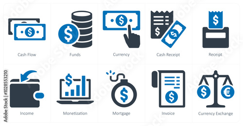 A set of 10 finance and money icons as cash flow, funds, currency, cash receipt