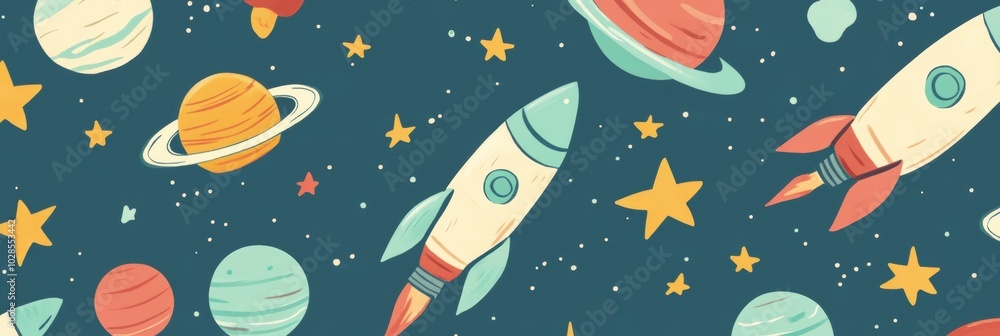 Space Adventure Pattern, vibrant flat illustration featuring rockets, planets, and stars, perfect for children's decor or educational materials Space Adventure Pattern, vibrant flat illustration featuring rockets, planets, and stars, perfect for children's decor or educational materials