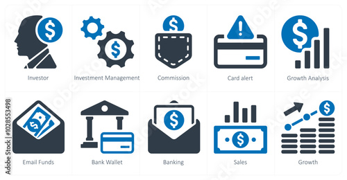A set of 10 finance and money icons as investor, investment management, commission