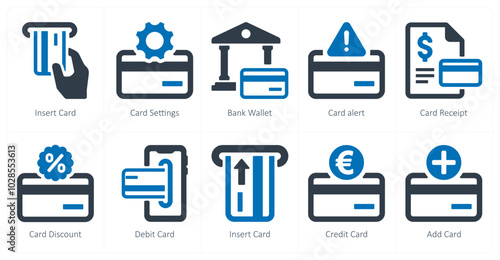 A set of 10 finance and money icons as insert card, card settings, bank wallet