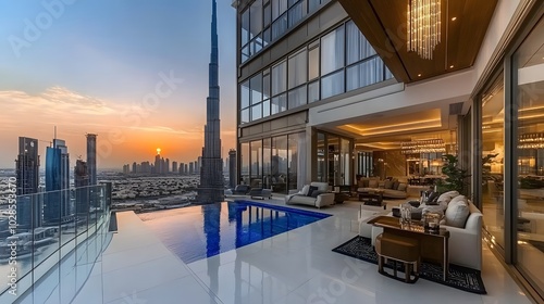 Modern luxury architecture in Dubai, stylish penthouse apartment with large balcony and swimming pool, scenic of city skyline with skyscraper at sunset, landmark iconic tower background. 3d modern art