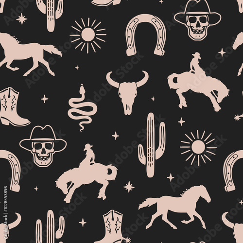 Western Themed Cowboy, Cowgirl Seamless Pattern. Cactus, Cowboy Seamless Repeat Design. Boho Seamless Pattern.